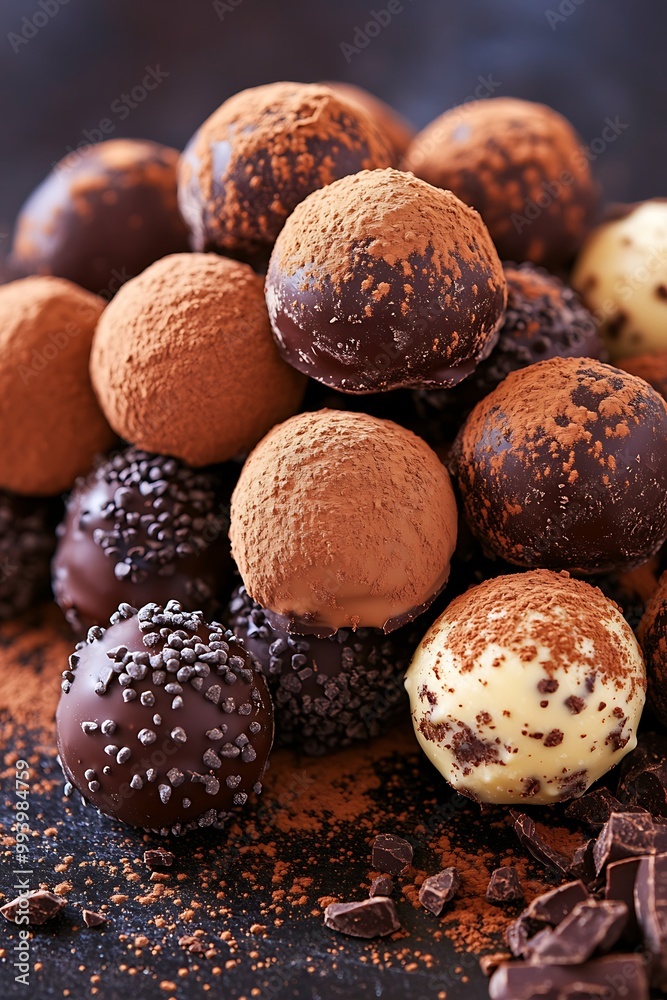 Gourmet Chocolate Truffles with Cocoa Powder and Chocolate Chips. Gourmet Chocolate Truffles with Cocoa Powder and Chocolate Chips.