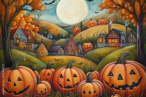 Halloween party background, full moon night illustration, Halloween pumpkin ghost, abandoned house, cemetery, bat, scary tree and Halloween elements Scary website Banner template Vector illustration photo