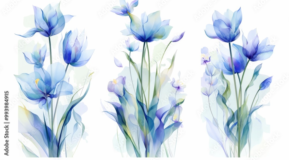 Obraz premium Set of three vertical frames featuring simple and colorful floral designs with blue, purple, and green tulips, lotus leaves, and plant line art.