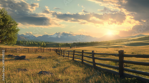 Rustic Wooden Fence Enclosing Meadow at Sunset 