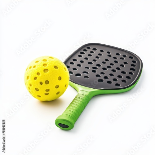 pickleball paddle next to a pickleball, isolated on white background, with copy space