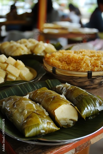 Close-up of Traditional Asian Food Wrapped in Banana Leaves on a Plate. photo