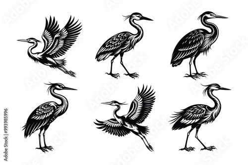 Vector clip art style heron silhouette bundle set with white background