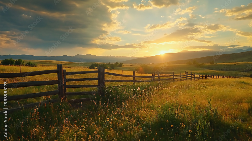 A fence in a field with a sun shining through it. A fence in a field with a sun shining through it.
