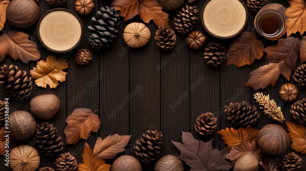 Autumn composition featuring leaves, pine cones, pumpkins, and warm drinks, creating a cozy seasonal atmosphere. Autumn composition featuring leaves, pine cones, pumpkins, and warm drinks, creating a cozy seasonal atmosphere.