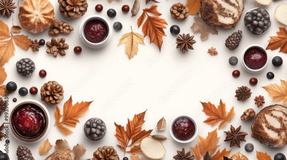 Autumn-themed flat lay with fall leaves, pine cones, jam, and decorative elements for seasonal decoration and culinary inspiration. Autumn-themed flat lay with fall leaves, pine cones, jam, and decorative elements for seasonal decoration and culinary inspiration.