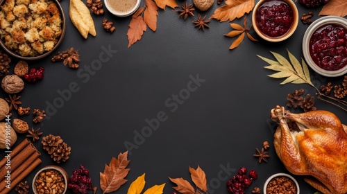 A cozy autumn table setting featuring turkey, spices, and seasonal leaves for Thanksgiving celebrations.