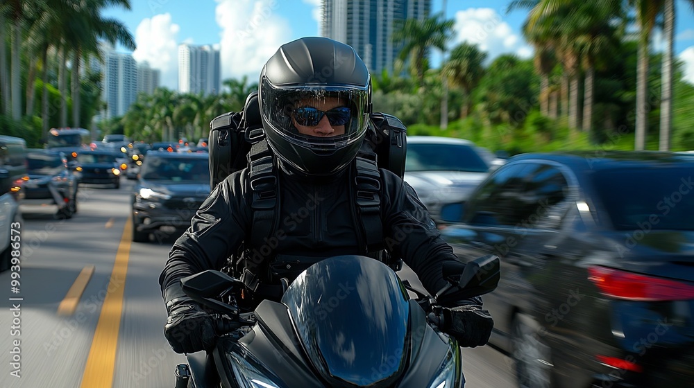 Urban Motorcycle Rider in Busy Traffic Scene Urban Motorcycle Rider in Busy Traffic Scene