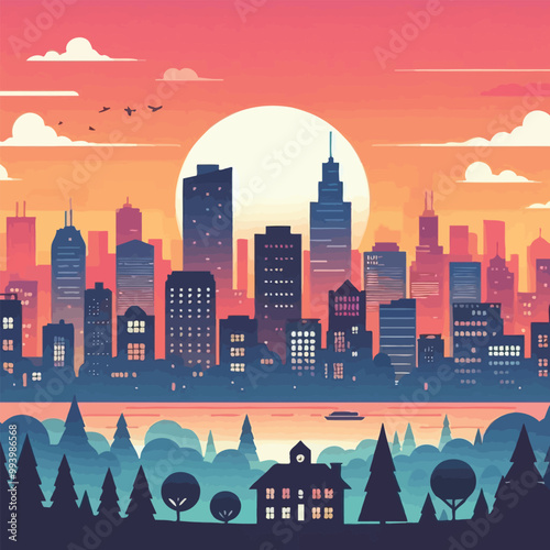City skyline at sunset illustration 
