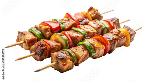 Delicious skewers for BBQ featuring marinated meat and colorful vegetables, perfect for grilling and outdoor gatherings. Enjoy vibrant flavors!