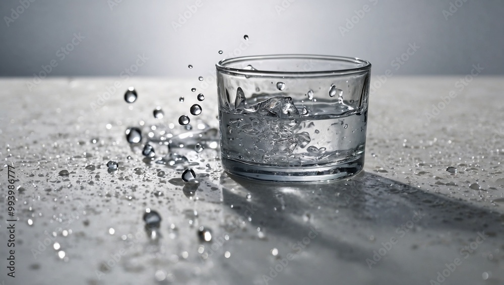 Glass of water with splashes on the table, refreshing mood, drink photography Glass of water with splashes on the table, refreshing mood, drink photography