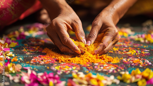 A close-up of hands decorating a Diwali rangoli with colorful powders and flower petals, showcasing intricate patterns and bright colors. Ai generated
