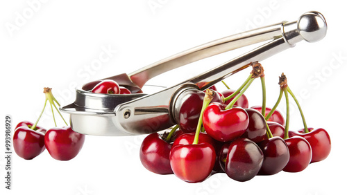 cherry pitter rests on pile of fresh, ripe cherries, showcasing its shiny metal design. This tool is essential for easily removing pits, making cherry preparation effortless and enjoyable photo