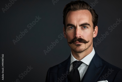 Minimalist High Fashion Portrait of Man in Tailored Suit with Impeccable Mustache for Editorial Use