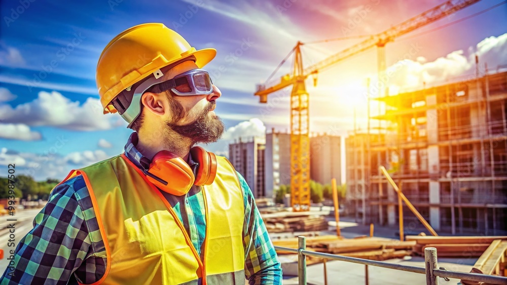 Construction Worker in Safety Gear Working on a Hot Summer Day at a Building Site Outdoors Construction Worker in Safety Gear Working on a Hot Summer Day at a Building Site Outdoors