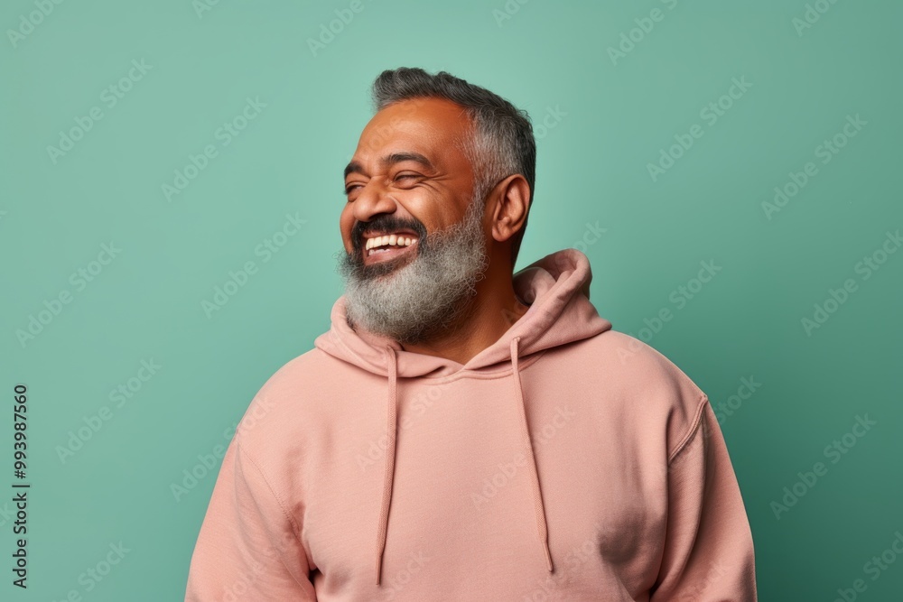 Portrait of a joyful indian man in his 50s sporting a comfortable hoodie over solid pastel color wall Portrait of a joyful indian man in his 50s sporting a comfortable hoodie over solid pastel color wall