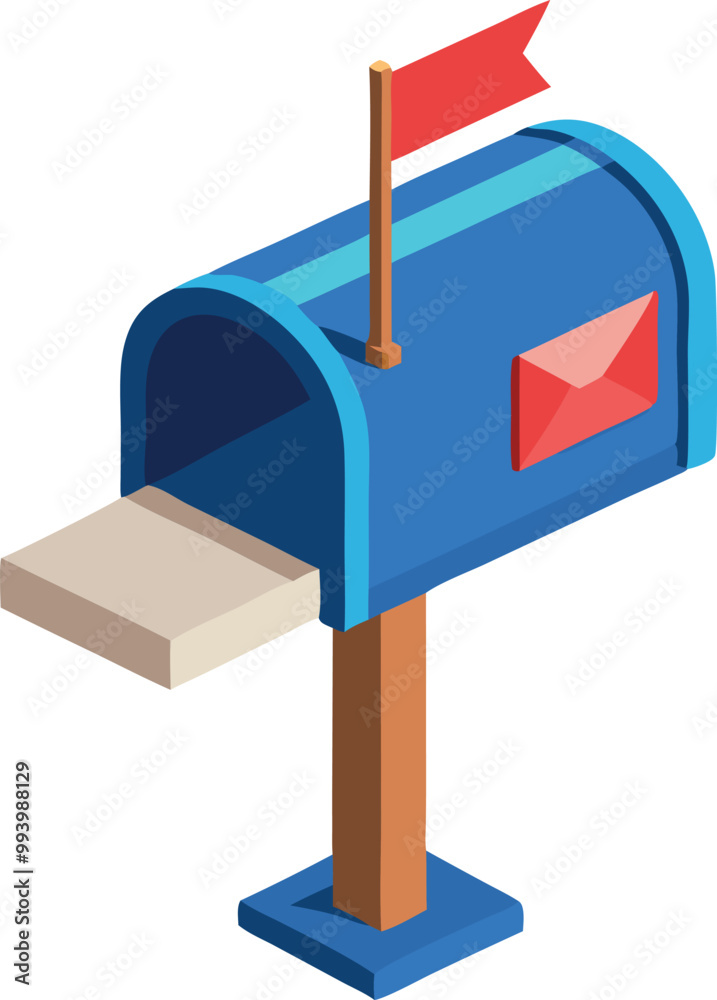 Isometric mailbox with a red flag raised, mail delivery and communication concept