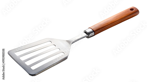 stainless steel spatula with wooden handle, perfect for flipping and serving food. Its sleek design and sturdy construction make it essential kitchen tool for any cooking enthusiast