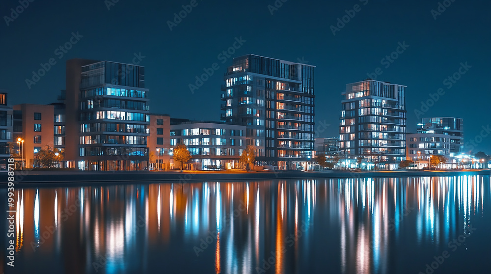 London buildings next to river in the evening. with overcast clouds and light on in the buildings London buildings next to river in the evening. with overcast clouds and light on in the buildings