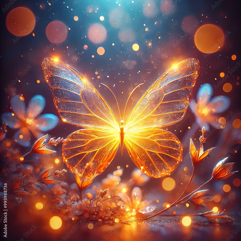 A magical and ethereal scene featuring a glowing butterfly illuminated by warm, golden light