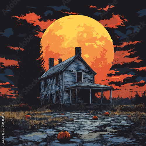 Abandoned house with pumpkins and full moon in creepy Halloween scene