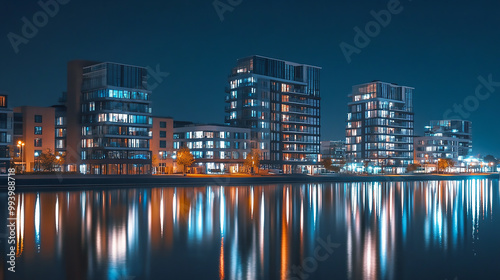 London buildings next to river in the evening. with overcast clouds and light on in the buildings