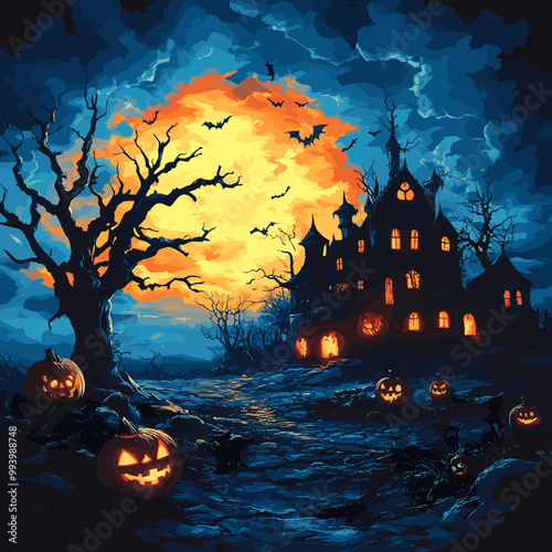 Glowing haunted mansion with jack-o-lanterns and full moon in stormy night