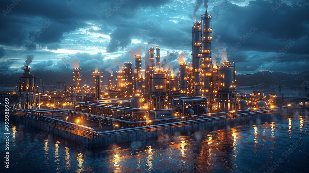 Fototapeta premium Industrial Complex at Dusk with Reflections in Water