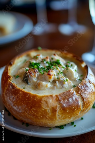 Fototapeta Naklejka Na Ścianę i Meble -  Close Up of Creamy Seafood Chowder in a Bread Bowl.