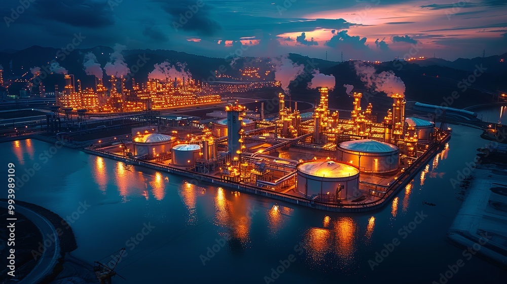 Fototapeta premium Industrial Complex at Dusk with Illuminated Facilities