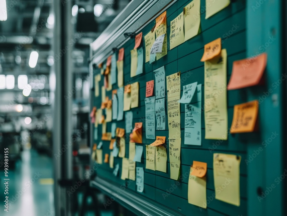 A close-up of a Kaizen board in a factory, filled with notes and ideas for process improvements, emphasizing the role of worker participation in driving continuous improvement