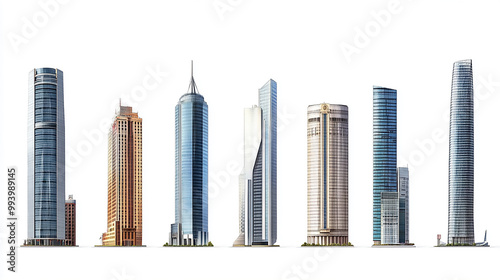 A set of various skyscraper buildings isolated  a white background in a 3D illustration