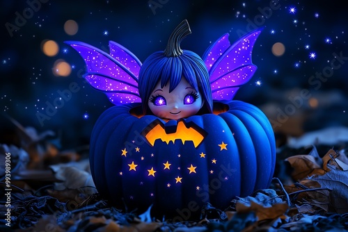 A fairy with glowing purple wings inside a deep blue pumpkin, surrounded by sparkling stars and a magical night sky photo