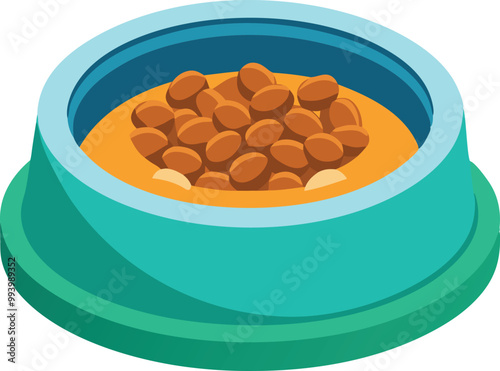 Dog food bowl filled with kibble in isometric illustration style