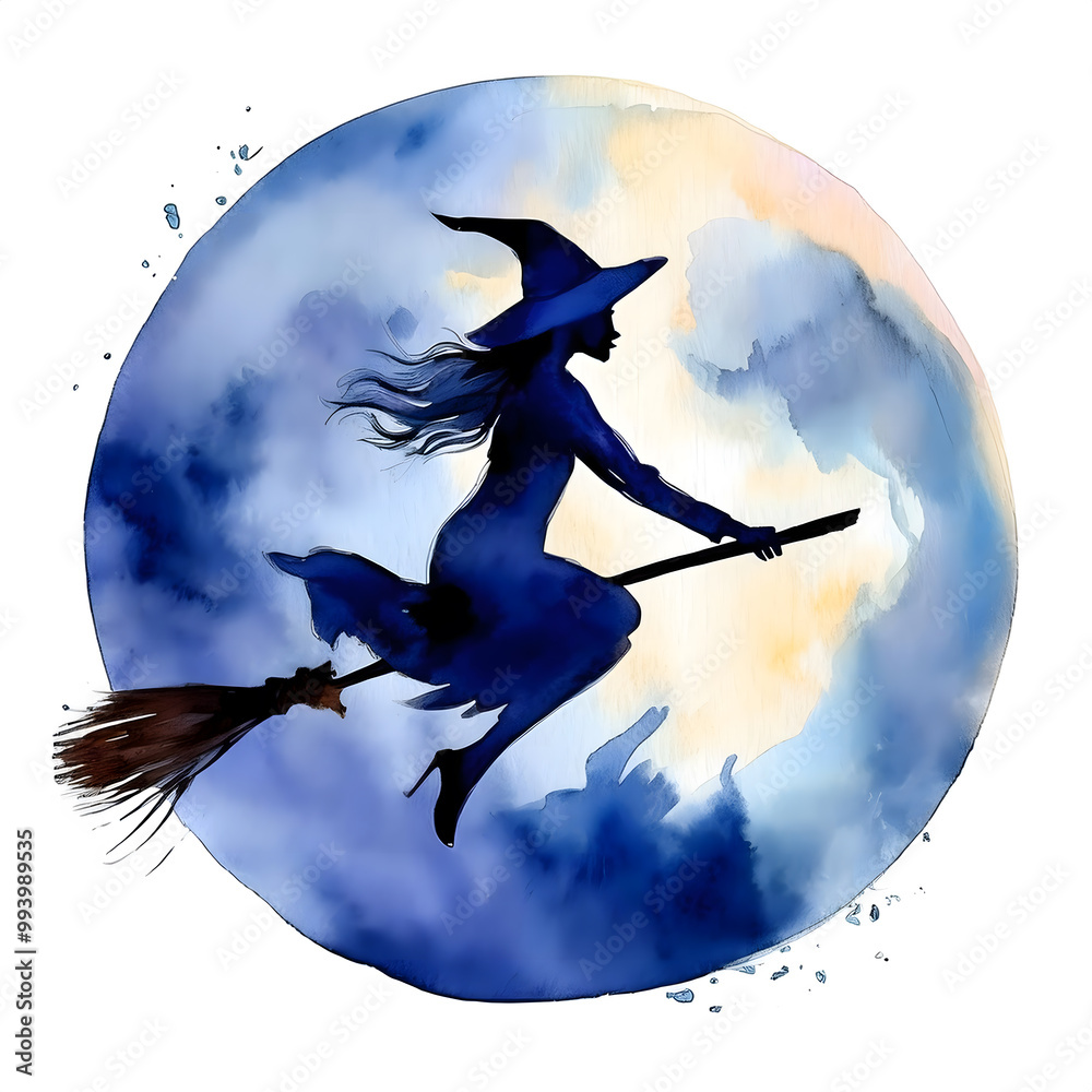 Fototapeta premium Halloween-themed watercolor clipart hand drawing ideas, Flying Witch Silhouetted against a full moon
