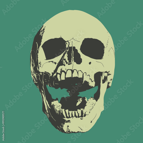 Front-facing human skull with an open mouth against a green background