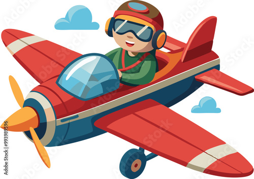 Aviator pilot flying red propeller plane, isometric aviation illustration