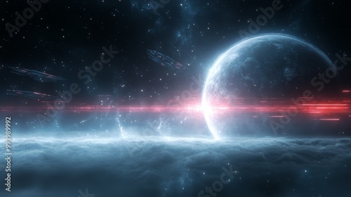 A captivating view of outer space featuring a celestial body and vibrant cosmic light trails, evoking wonder and exploration.