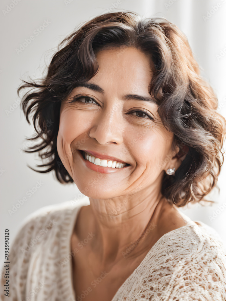 portrait of smiling middle aged woman in white sweater looking at camera portrait of smiling middle aged woman in white sweater looking at camera