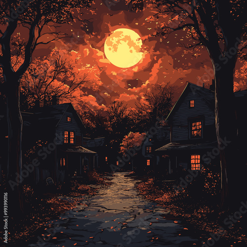 Dark suburban neighborhood with orange glowing windows and full moon in an autumn night sky
