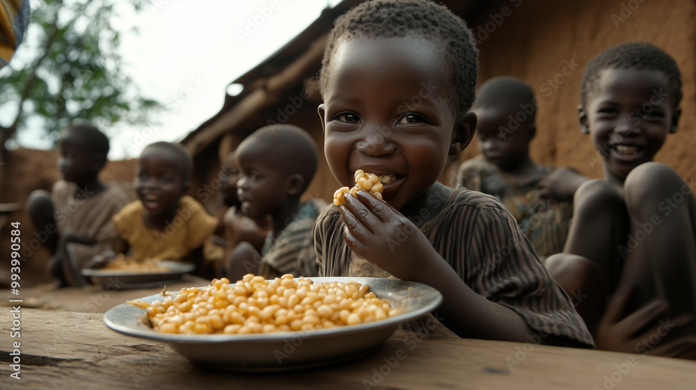 An African company working with impoverished children has some images of children playing and eating. Ai generated An African company working with impoverished children has some images of children playing and eating. Ai generated