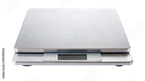 Digital scale on clean white background, showcasing sleek stainless steel design. Ideal for precise measurements in kitchens or laboratories