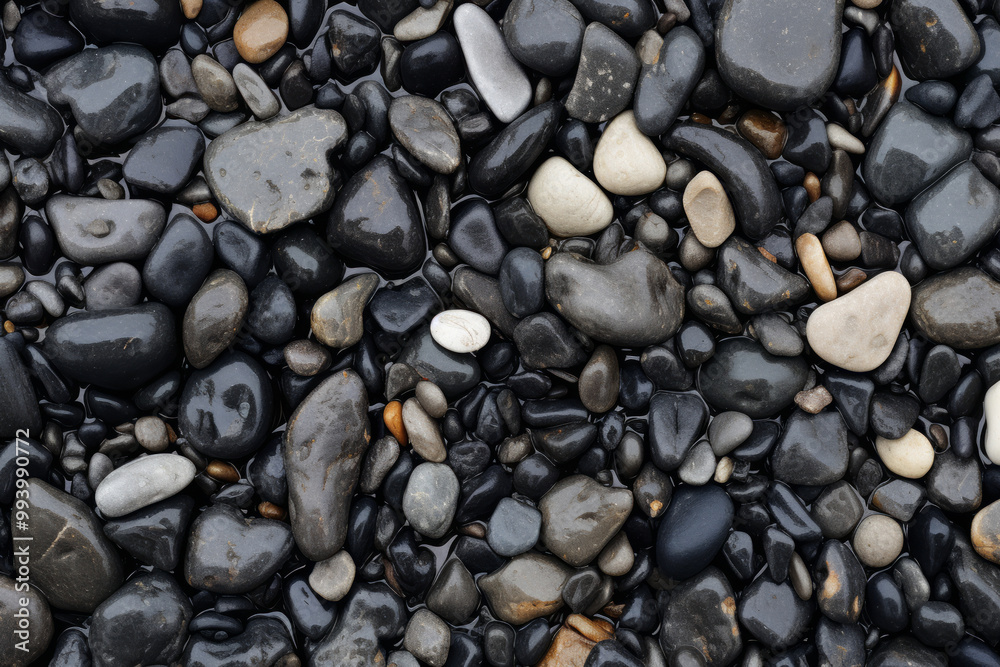 Processed collage of wet pebble stones on asphalt texture. Background for banner, backdrop Processed collage of wet pebble stones on asphalt texture. Background for banner, backdrop
