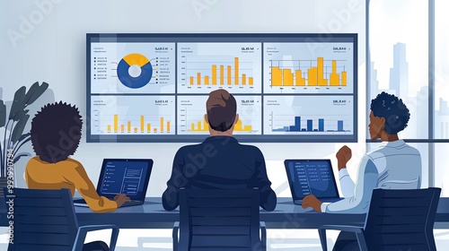 Business team collaboration meeting with infographic data presentation on projector screen dashboard, flat vector concept illustration of teamwork, training and analysis of company performance metrics