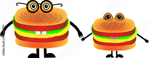 The hamburger family. Cartoon cute hamburgers in the image of a brother with glasses and a sister with braces on her teeth.My favorite dish is a fast food burger, sandwich. Transparent background.