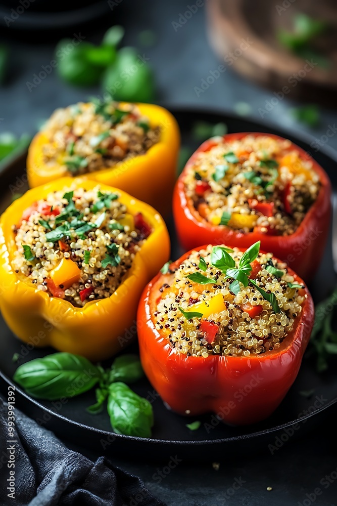 Closeup of Colorful Stuffed Peppers with Quinoa and Basil. Closeup of Colorful Stuffed Peppers with Quinoa and Basil.