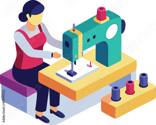 Seamstress working on sewing machine, isometric tailoring and fashion illustration