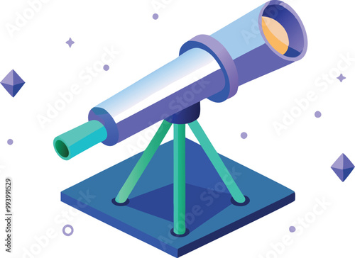 Isometric telescope on a tripod, space exploration and stargazing concept illustration