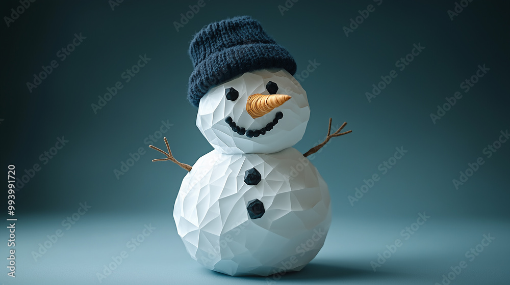 Obraz premium This charming snowman features a geometric design with a knitted hat, a carrot nose, and friendly facial features, perfect for celebrating winter joy and creativity.