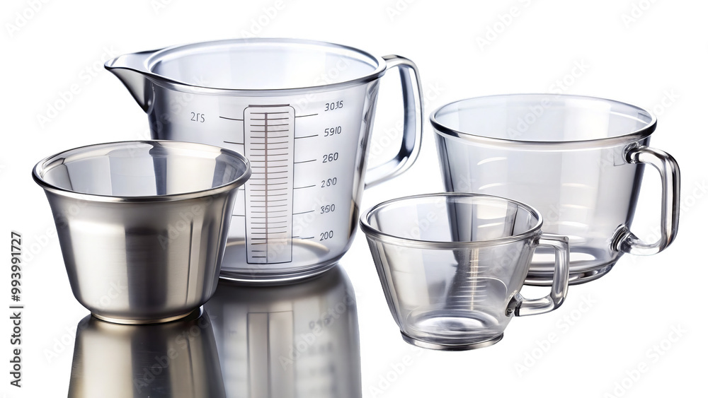 Measuring cups in various sizes and materials, including glass and stainless steel, are arranged on reflective surface, showcasing their clarity and functionality Measuring cups in various sizes and materials, including glass and stainless steel, are arranged on reflective surface, showcasing their clarity and functionality